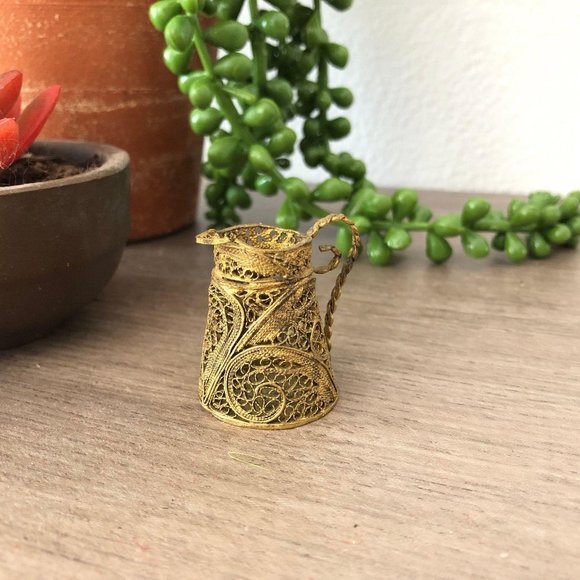 Miniature Gold Plated Copper Filigree Pitcher CU P - Picture 1 of 10